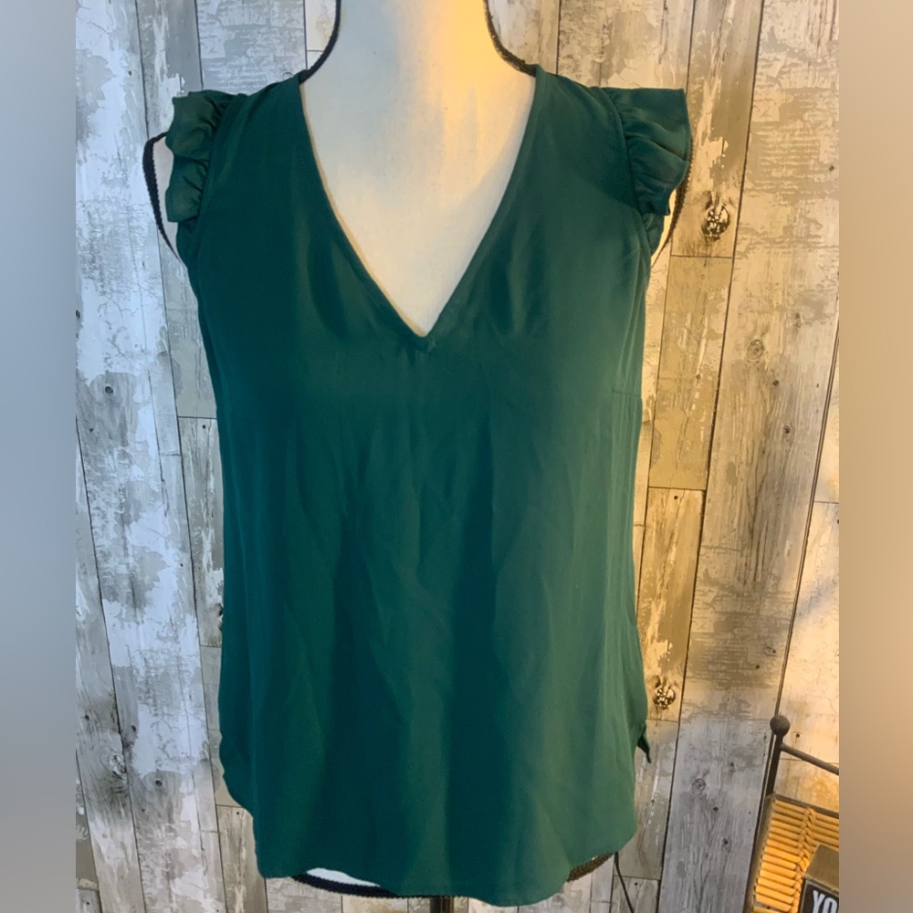 J. Crew Emerald Green Ruffle Sleeve V-Neck Blouse